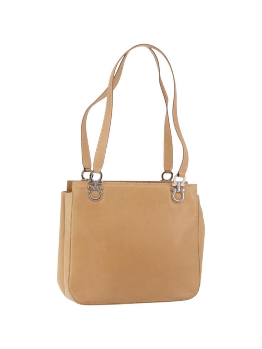 Salvatore Ferragamo Gancini Tote Bag Leather Beige Silver